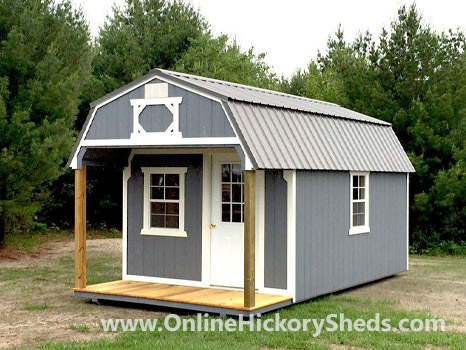 Hickory Sheds Lofted Front Porch Painted Gap Gray with White Trim