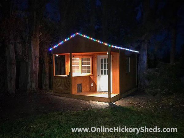 Hickory Sheds Utility Front Porch Lit Up at Night