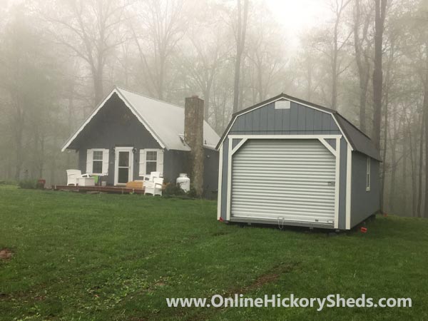 Hickory Sheds Lofted Barn Garage Gray Shadow White Trim